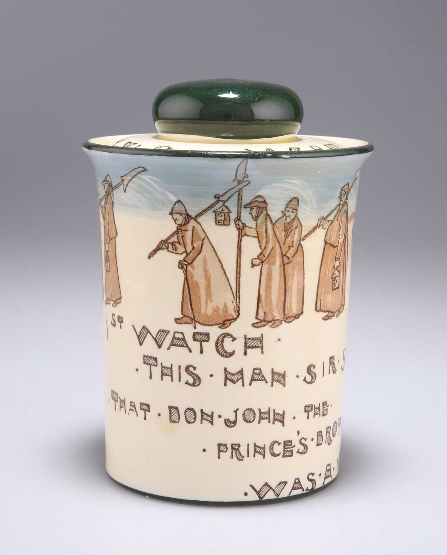 ROYAL DOULTON, A DOGBERRY'S WATCH HUMIDOR TOBACCO JAR, DECORATED BY NOKE