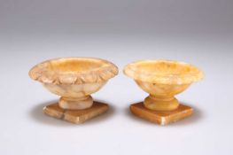 A NEAR PAIR OF 19TH CENTURY ALABASTER MINIATURE BIRD BATHS