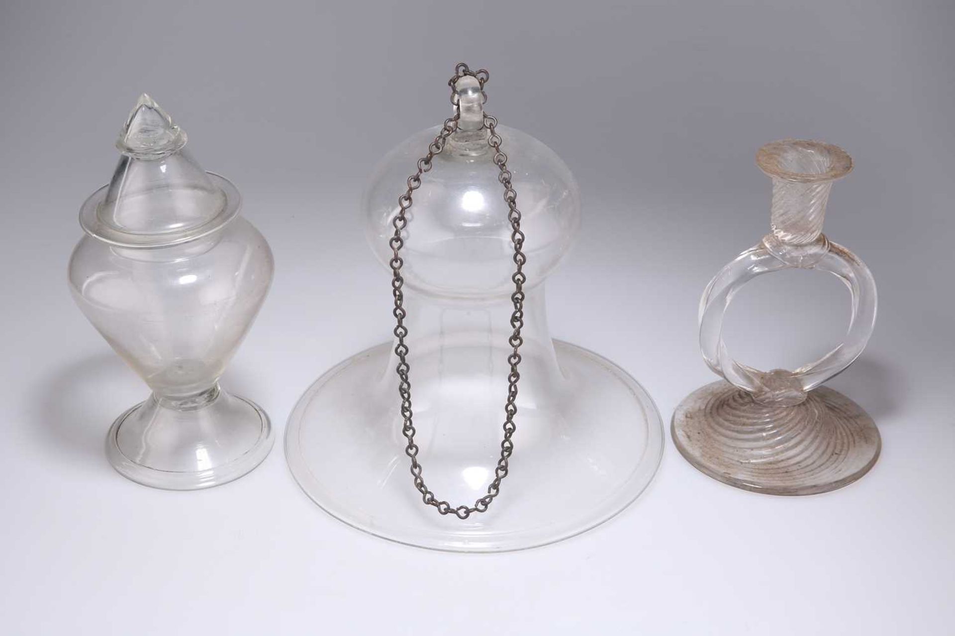 A 19TH CENTURY GLASS SMOKE BELL, A GLASS WRYTHEN CANDLESTICK AND A DRUG JAR - Image 2 of 2