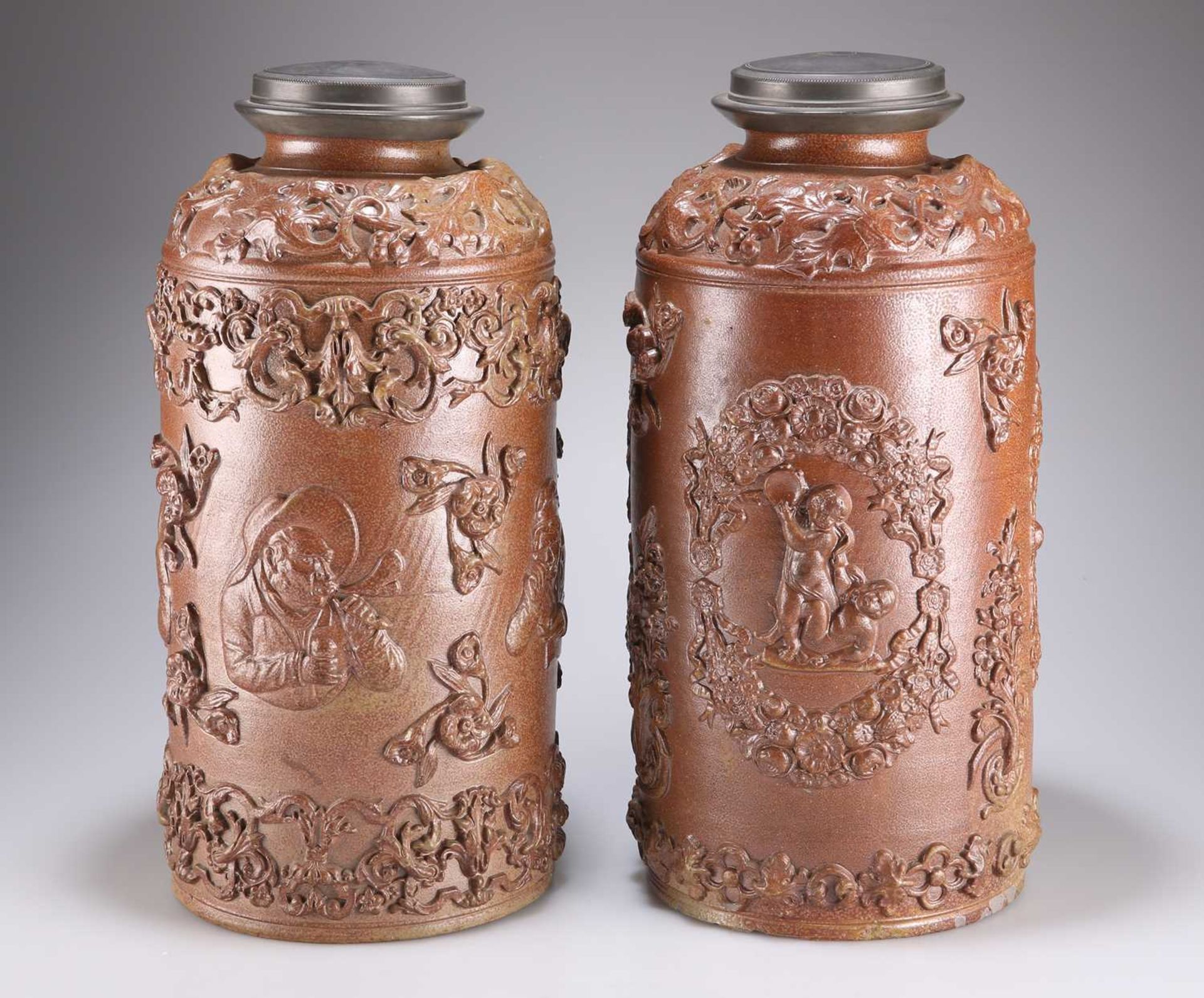 TWO LARGE 19TH CENTURY STONEWARE SALT-GLAZED HUMIDOR TOBACCO JARS