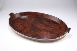 A GEORGE III BRASS-BOUND COOPERED MAHOGANY TRAY
