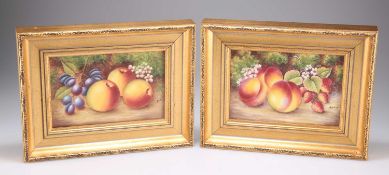 A PAIR OF ROYAL WORCESTER STYLE FRUIT-PAINTED PORCELAIN PLAQUES