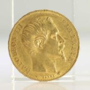 1855 FRENCH GOLD COIN, 20 FRANCS - NAPOLEON III BARE HEAD