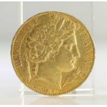 1851 FRENCH GOLD COIN, 20 FRANCS - CERES