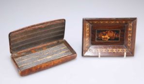 A 19TH CENTURY TUNBRIDGE WARE PIN TRAY, AND A BURR WOOD CHEROOT CASE