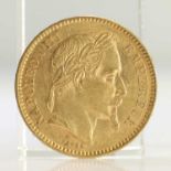 1862 FRENCH GOLD COIN, 20 FRANCS - NAPOLEON III LAUREATE HEAD