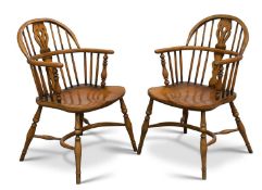 A PAIR OF PERIOD STYLE OAK AND ELM WINDSOR ARMCHAIRS