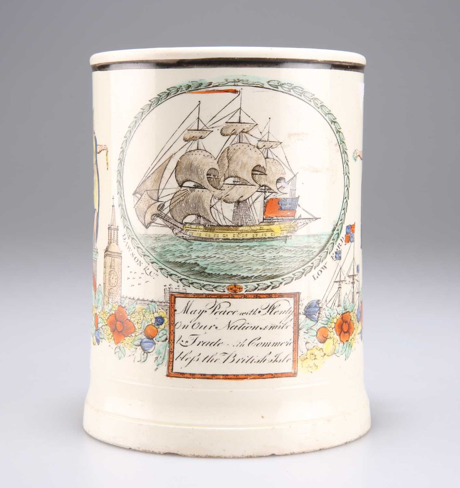 AN EARLY 19TH CENTURY SUNDERLAND LUSTRE CREAMWARE MUG, BY DAWSON & CO, LOW FORD - Image 2 of 3