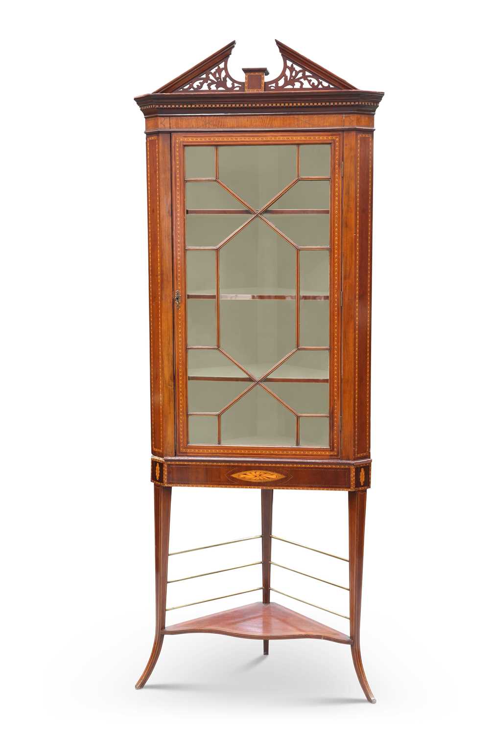 A SHERATON REVIVAL INLAID MAHOGANY CORNER CABINET ON STAND, 19TH CENTURY