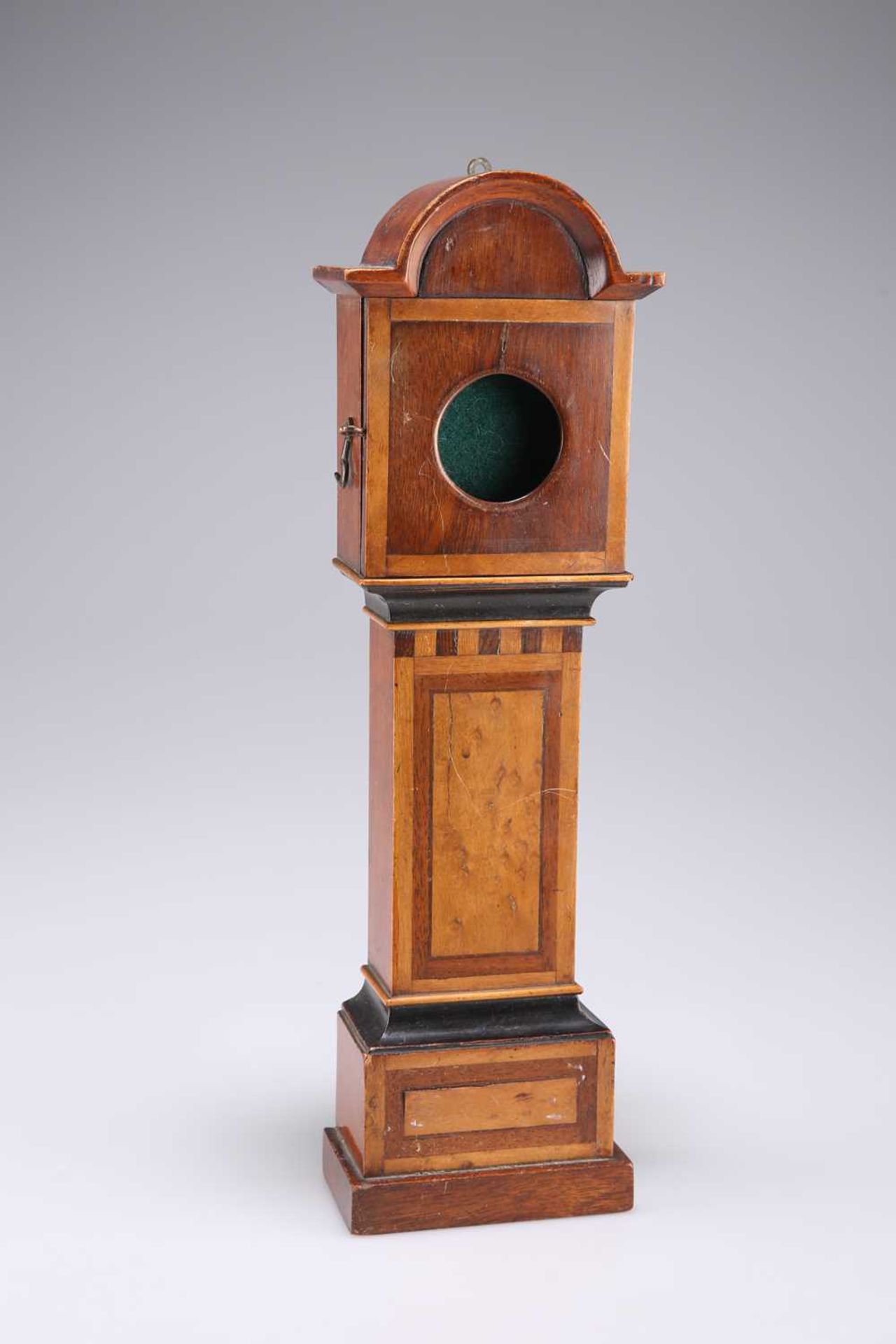 A 19TH CENTURY MAHOGANY MINIATURE LONGCASE CLOCK POCKETWATCH HOLDER