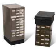 A VINTAGE 'STOR' TEN-DRAWER METAL FILING CABINET, A SMALLER FIVE-DRAWER CABINET AND A STRONG-BOX