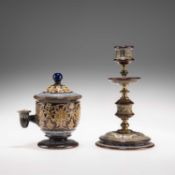 A LATE 19TH CENTURY DOULTON LAMBETH ISOBATH INKWELL, AND A FRANK A. BUTLER CANDLESTICK