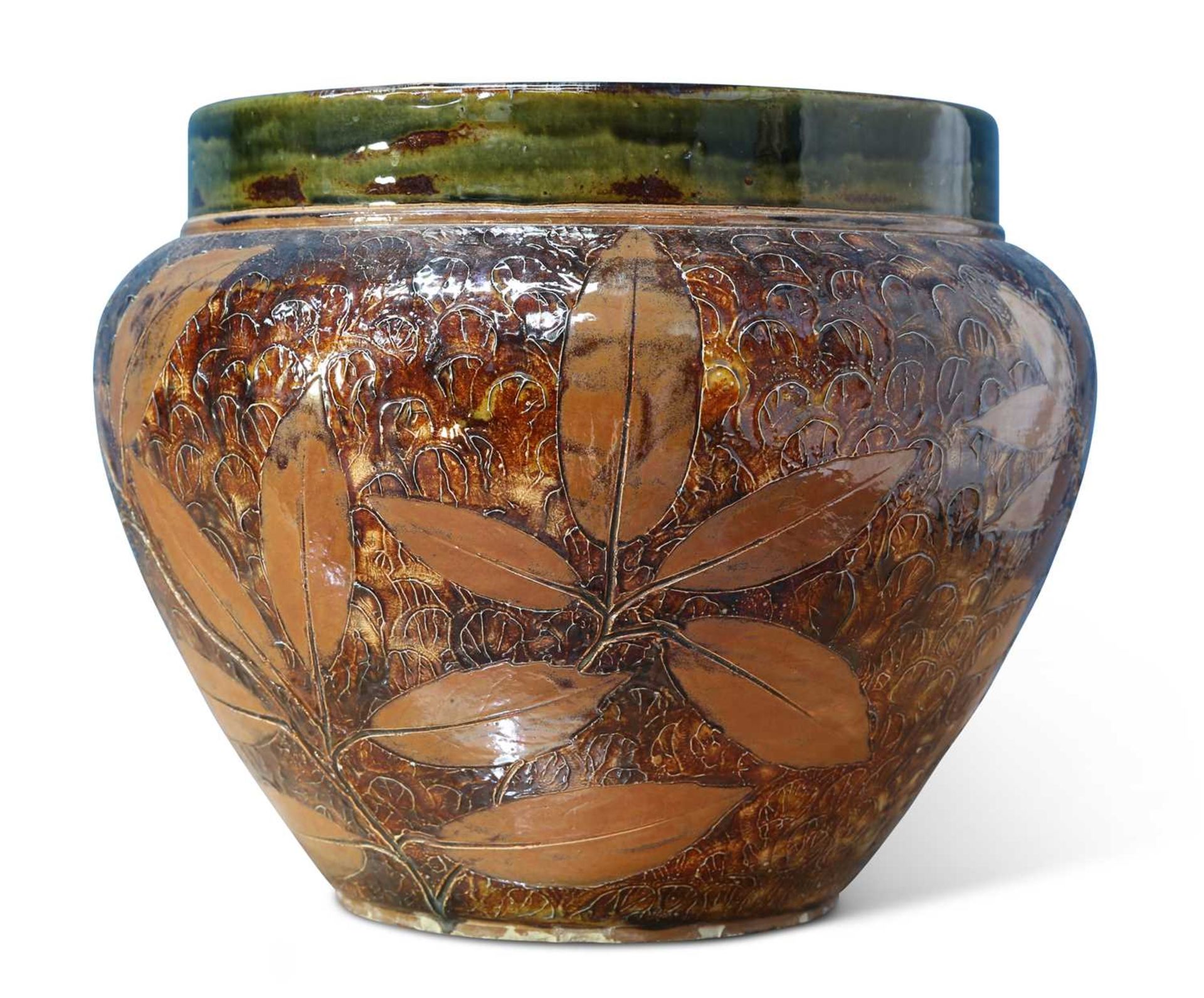 A LARGE LATE 19TH CENTURY ROYAL DOULTON AUTUMN LEAVES JARDINIÈRE