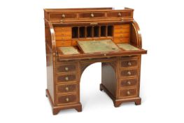 A FINE 19TH CENTURY MAHOGANY, SATINWOOD AND TULIPWOOD CYLINDER DESK, BY MAPLE & CO
