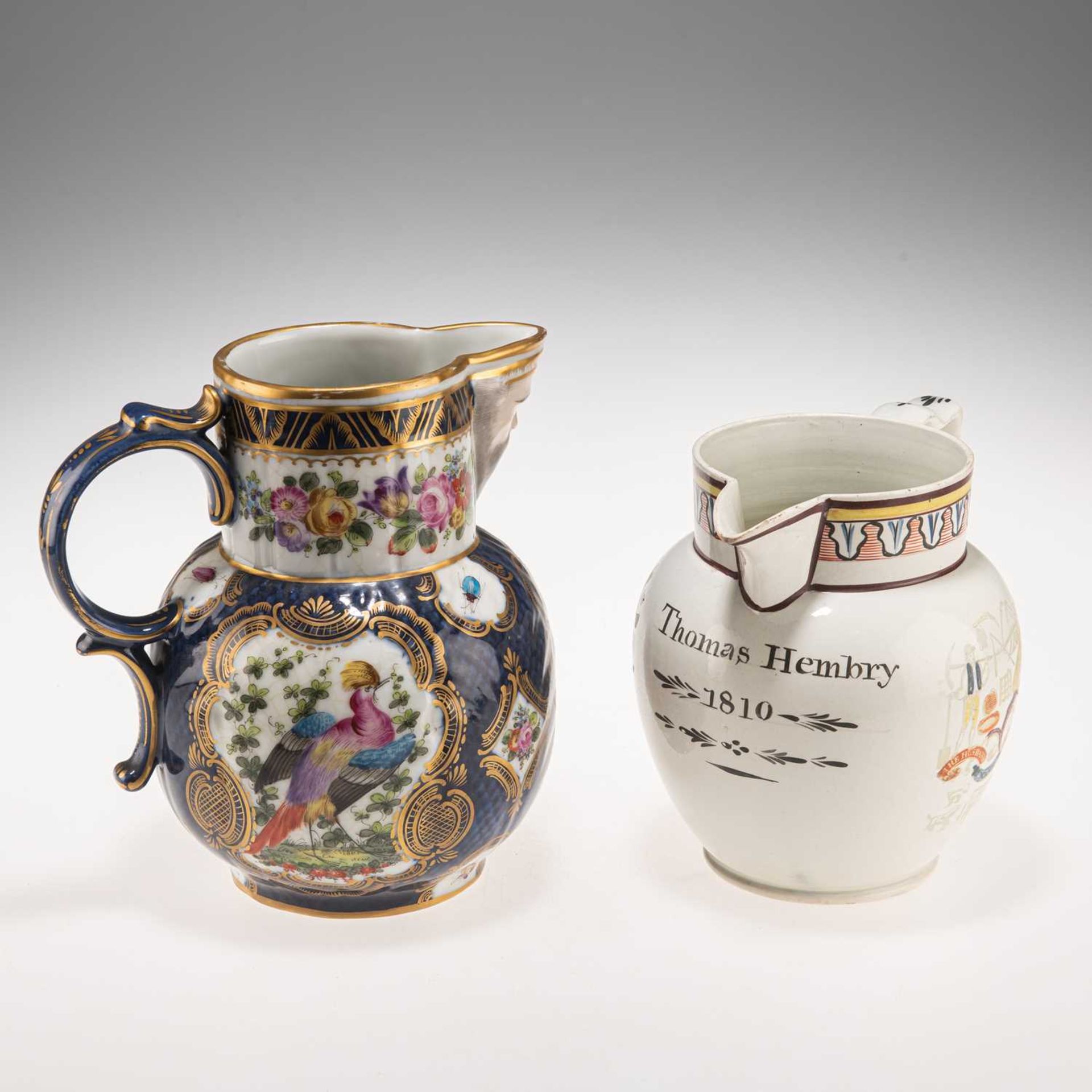 AN ENGLISH PEARLWARE JUG, CIRCA 1810; AND A SAMSON BLUE-SCALE GROUND JUG