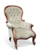 A VICTORIAN MAHOGANY AND UPHOLSTERED SPOON-BACK GENTLEMAN'S ARMCHAIR