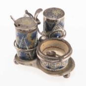 A LATE 19TH CENTURY DOULTON LAMBETH SILVER-PLATE AND STONEWARE THREE-PIECE CRUET SET ON STAND