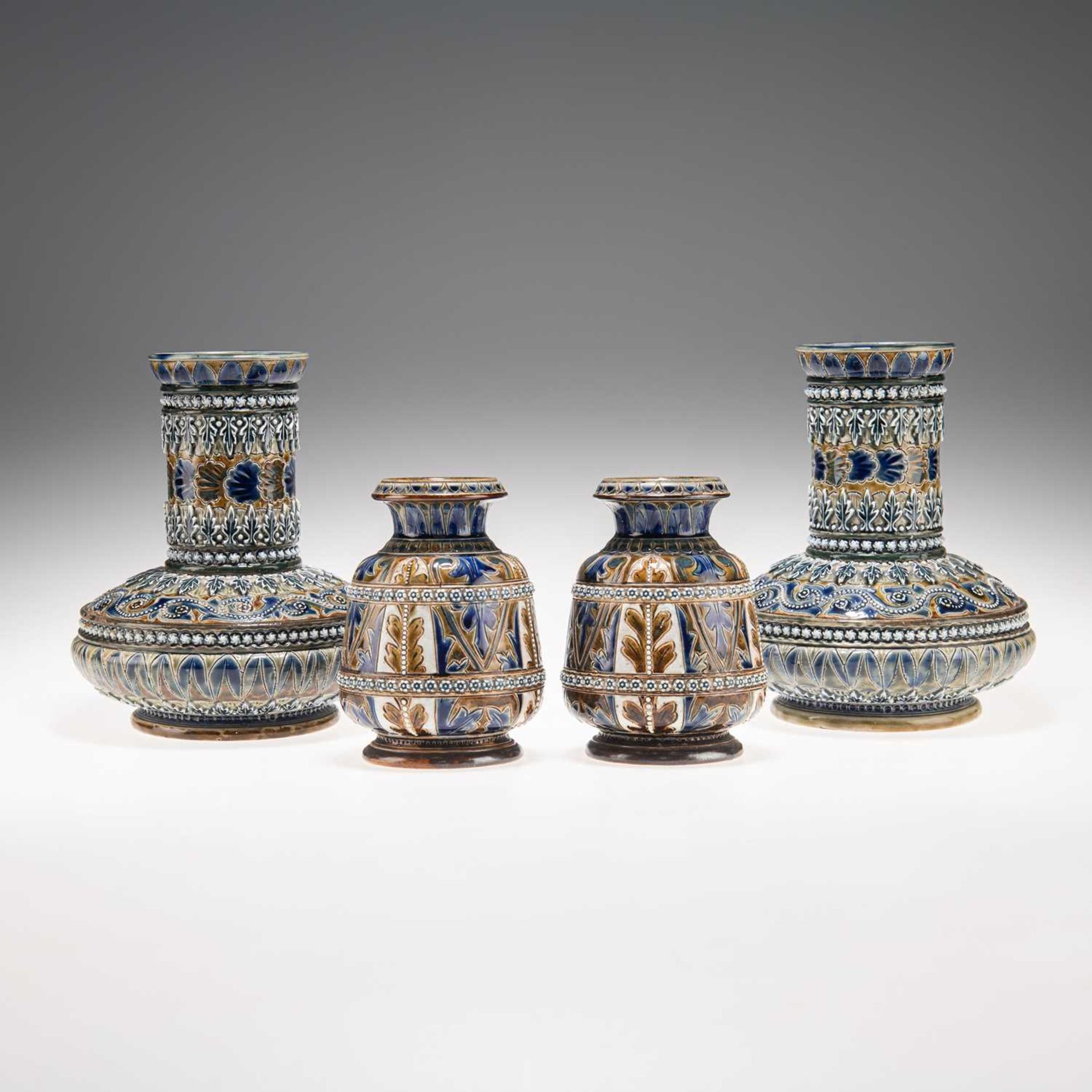 TWO PAIRS OF LATE 19TH CENTURY DOULTON LAMBETH STONEWARE VASES