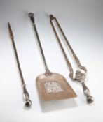 A GOOD SET OF GEORGE III POLISHED STEEL FIRE IRONS, LATE 18TH CENTURY