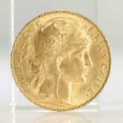 1910 FRENCH GOLD COIN, 20 FRANCS - MARIANNE ROOSTER