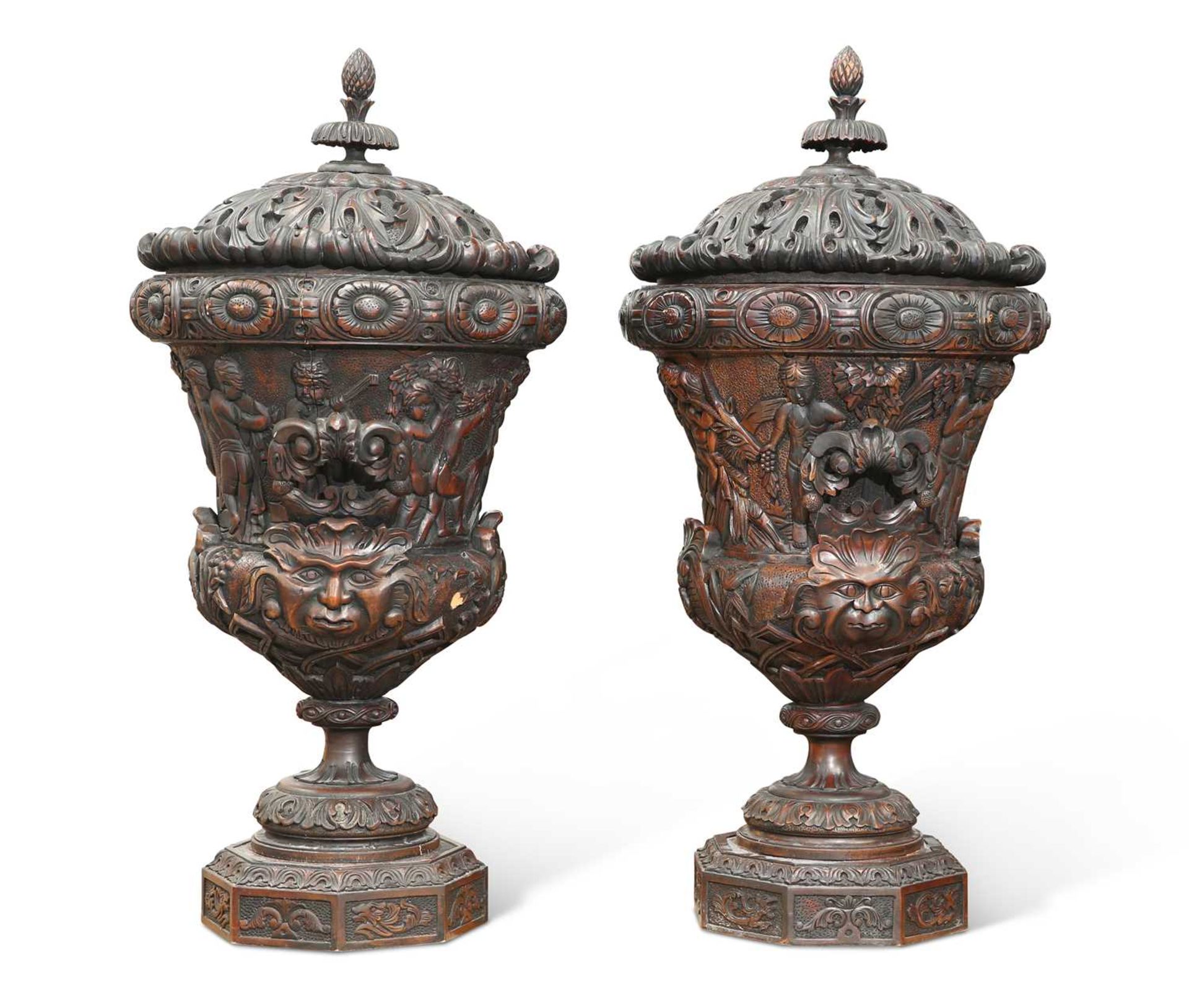 A LARGE PAIR OF CARVED WOOD URNS AND COVERS - Bild 2 aus 2