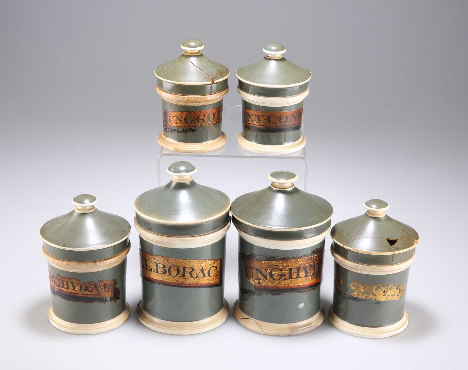 A GROUP OF SIX LATE 19TH/EARLY 20TH CENTURY CERAMIC CHEMISTS JARS