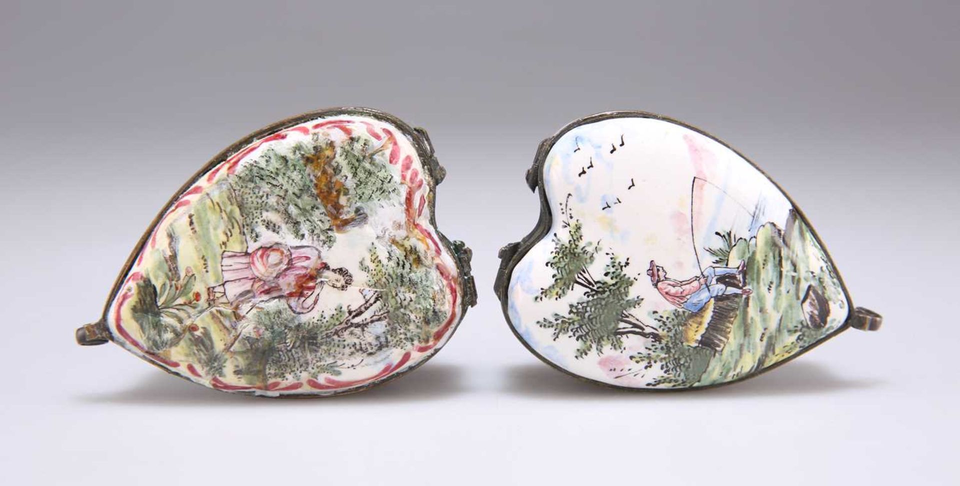 TWO SIMILAR LATE 18TH CENTURY HEART-SHAPED FAÏENCE SNUFF BOXES