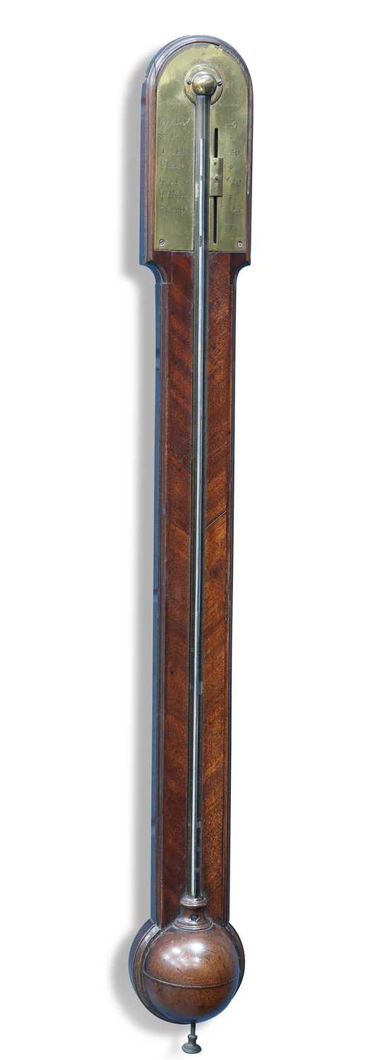 A GEORGE III FEATHERED MAHOGANY STICK BAROMETER, BY MORGAN, LONDON, CIRCA 1770