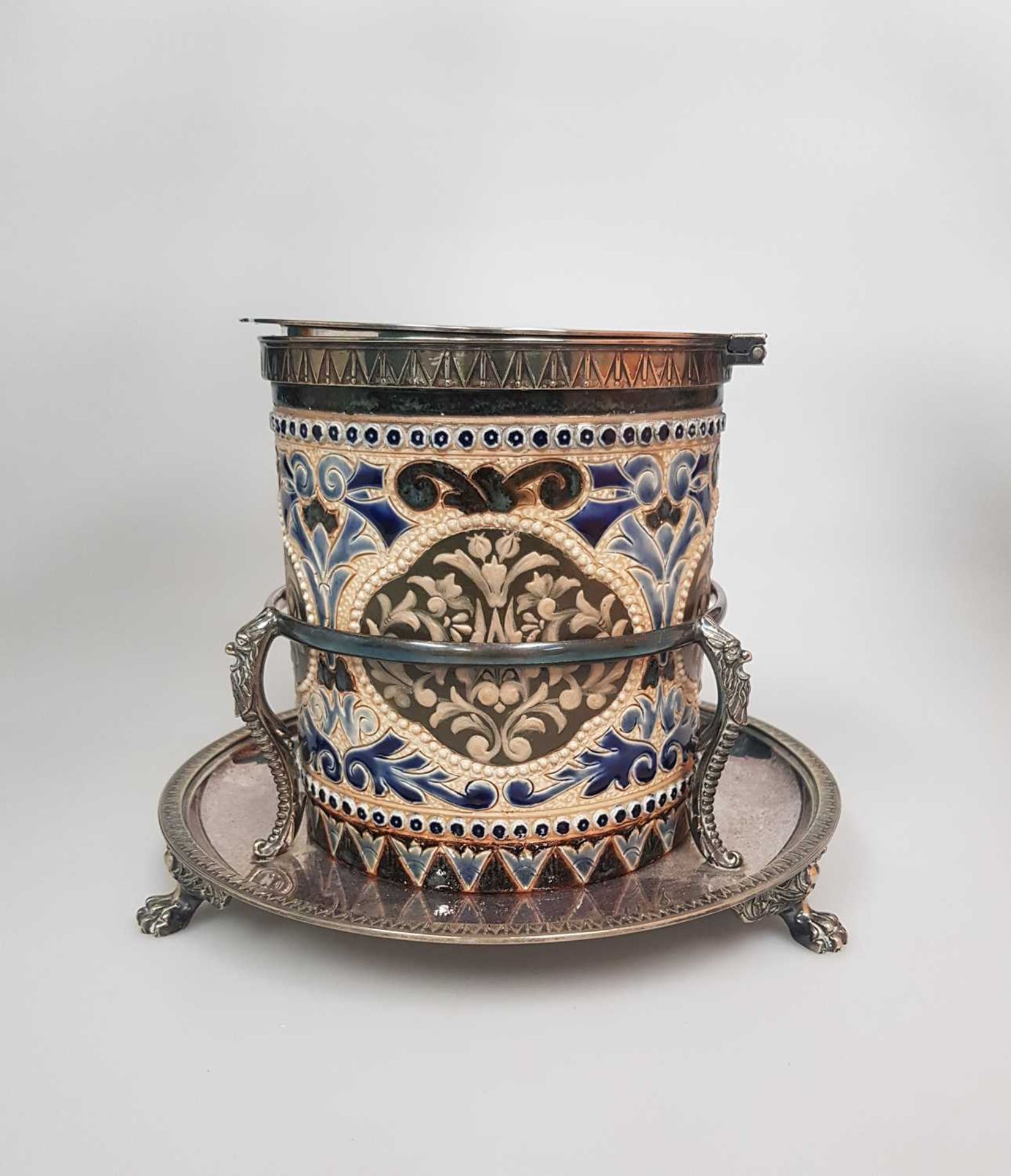 ELIZA SIMMANCE FOR DOULTON LAMBETH, A LATE 19TH CENTURY SILVER PLATE-MOUNTED STONEWARE BISCUIT BARRE