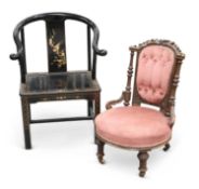 A VICTORIAN WALNUT NURSING CHAIR, AND A CHINOISERIE LACQUER ARMCHAIR