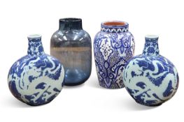 A MOROCCAN POTTERY VASE, A PAIR OF MODERN 'CHINESE' VASES, AND A CONTEMPORARY GLASS VASE