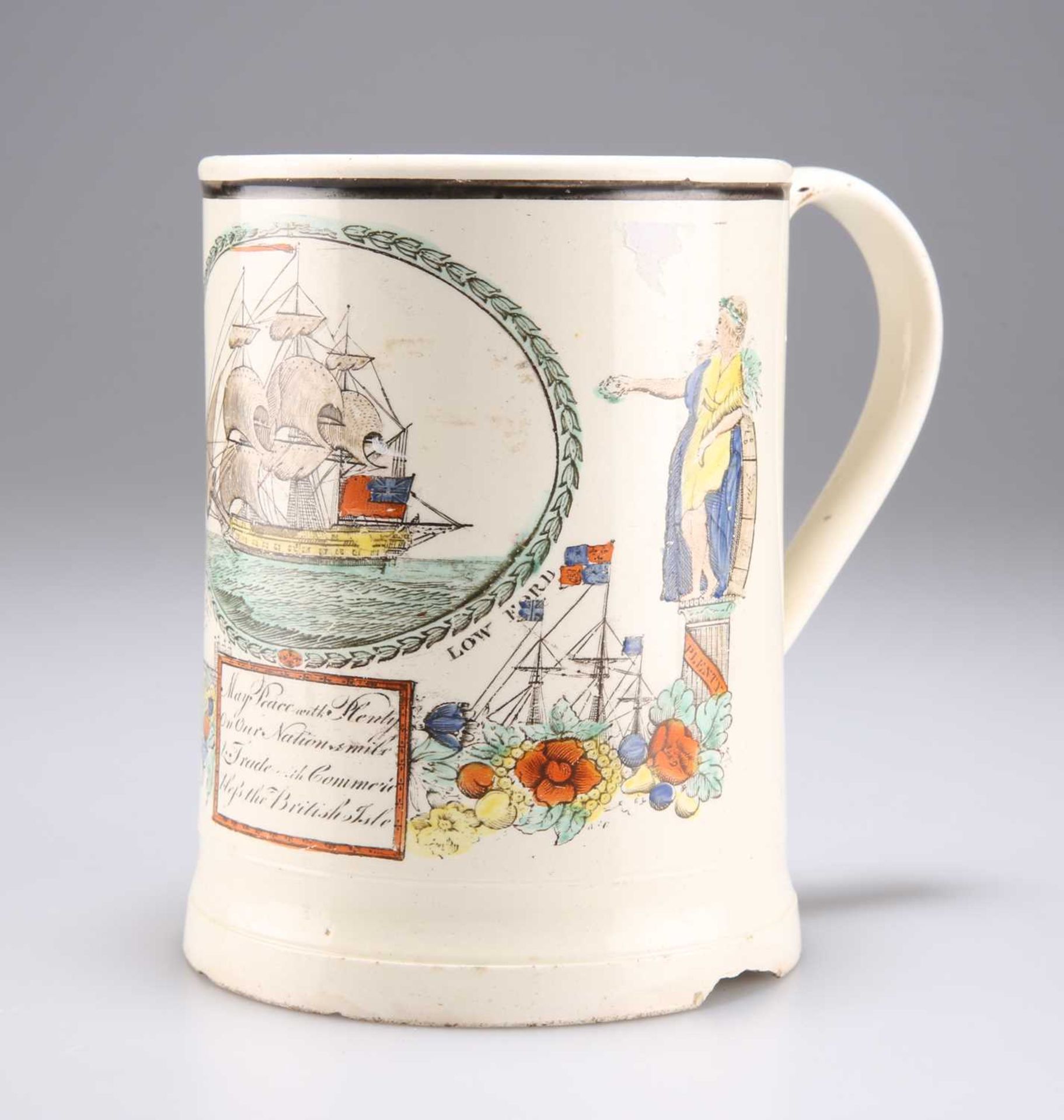 AN EARLY 19TH CENTURY SUNDERLAND LUSTRE CREAMWARE MUG, BY DAWSON & CO, LOW FORD