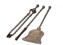 A GOOD SET OF LATE 18TH CENTURY STEEL FIRE IRONS