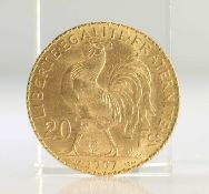 1907 FRENCH GOLD COIN, 20 FRANCS - MARIANNE ROOSTER
