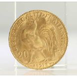 1913 FRENCH GOLD COIN, 20 FRANCS - MARIANNE ROOSTER