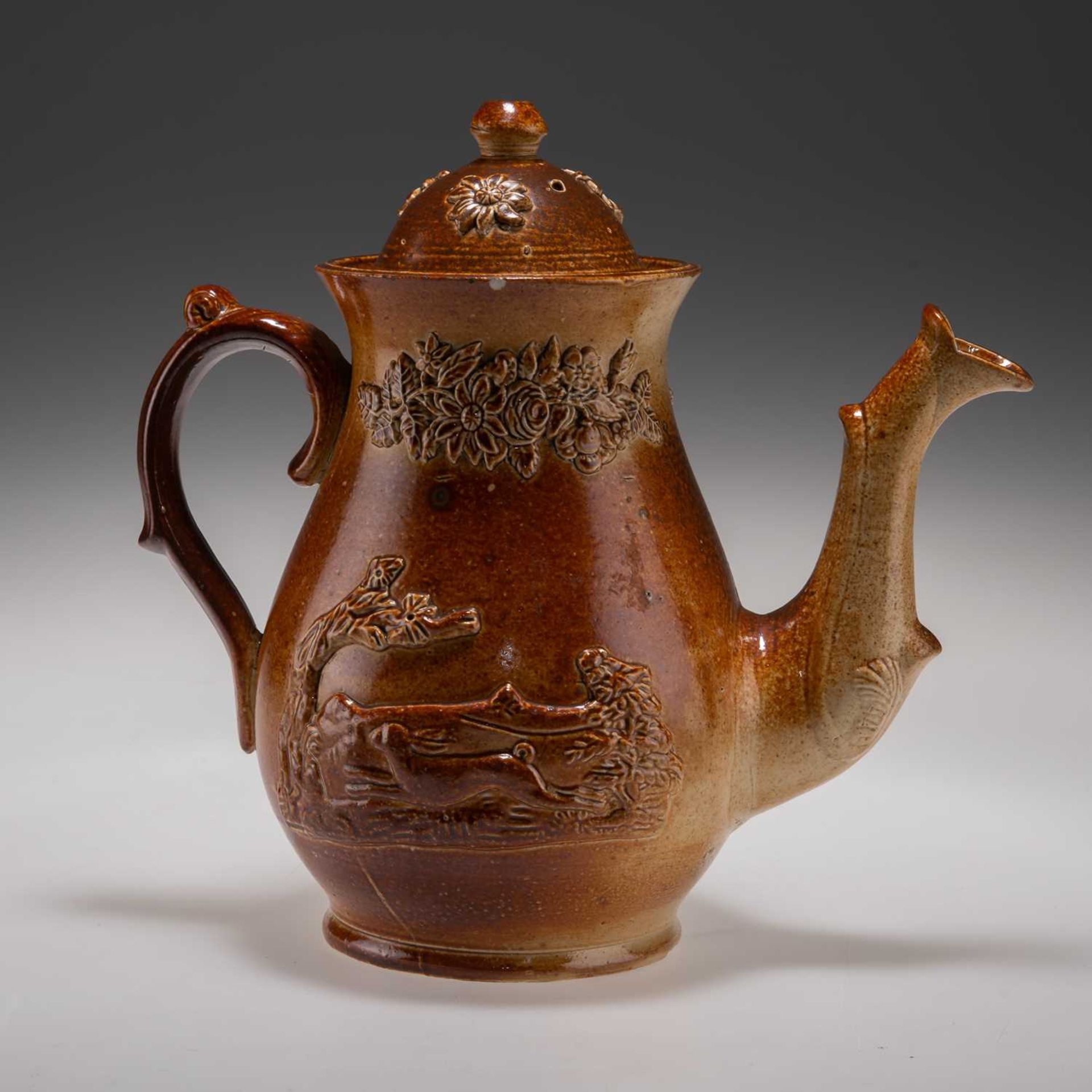 A BRAMPTON DERBYSHIRE BROWN SALT-GLAZED STONEWARE COFFEE POT, CIRCA 1830-40