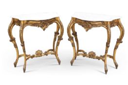 A PAIR OF LOUIS XV STYLE MARBLE-TOPPED GILTWOOD CONSOLE TABLES