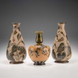 LOUISA J. DAVIS FOR DOULTON LAMBETH, A PAIR OF LATE 19TH CENTURY STONEWARE BOTTLE VASES