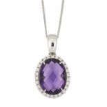 AN 18 CARAT WHITE GOLD AMETHYST AND DIAMOND PENDANT ON CHAIN