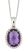 AN 18 CARAT WHITE GOLD AMETHYST AND DIAMOND PENDANT ON CHAIN