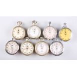 EIGHT VARIOUS PLATED MILITARY ISSUE OPEN FACED STOP WATCHES