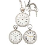 THREE SILVER OPEN FACE POCKET WATCHES