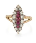 A LATE 19TH CENTURY RUBY AND DIAMOND NAVETTE RING