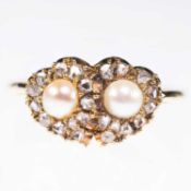 A MID-19TH CENTURY SPLIT PEARL AND DIAMOND TWIN HEART CLUSTER RING