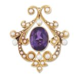 A LATE 19TH CENTURY AMETHYST AND SEED PEARL BROOCH