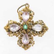 A MID-19TH CENTURY PINK TOPAZ AND EMERALD CROSS PENDANT