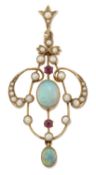 A LATE 19TH CENTURY OPAL, RUBY AND SEED PEARL PENDANT