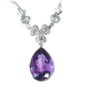 AN 18 CARAT WHITE GOLD AMETHYST AND DIAMOND PENDANT NECKLACE