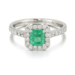 A PLATINUM EMERALD AND DIAMOND CLUSTER RING