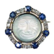 A LATE 19TH CENTURY MOONSTONE, SAPPHIRE AND DIAMOND MAN IN THE MOON BROOCH